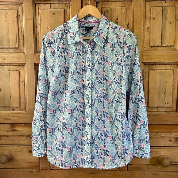 Women's Talbots Small Floral Printed Blouse Button Front Top Blue Pink White - Picture 1 of 10